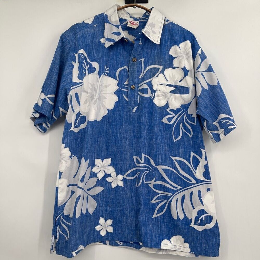 Barefoot in Paradise Blue Tropical Floral Short Sleeve Pullover Shirt Size Large